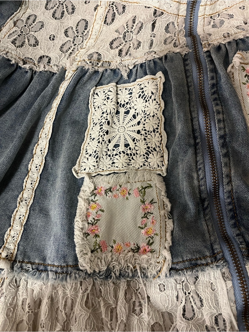 POL Boho Patchwork Denim & Lace Oversized Hooded Jacket - Blue & Cream, small - Picture 11 of 11